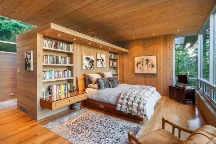 interior of a bedroom in a wooden house